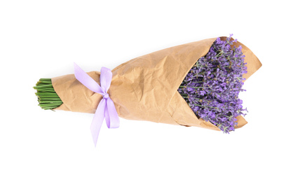 Beautiful bouquet of lavender flowers on white background, top view