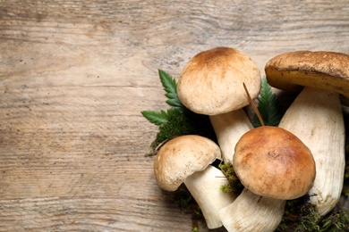 Photo of Flat lay composition with porcini mushrooms on wooden table, space for text