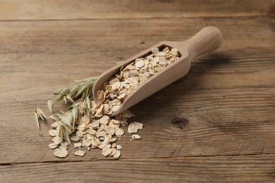 Scoop with oatmeal and floret branches on wooden table