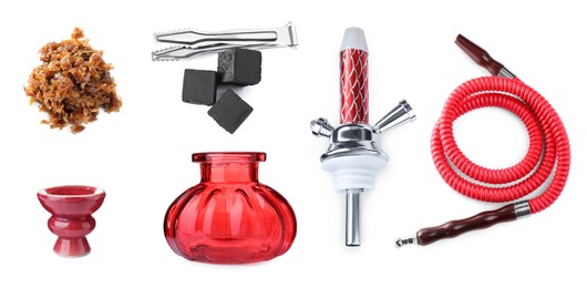 Hookah kit on white background, collage. Banner design