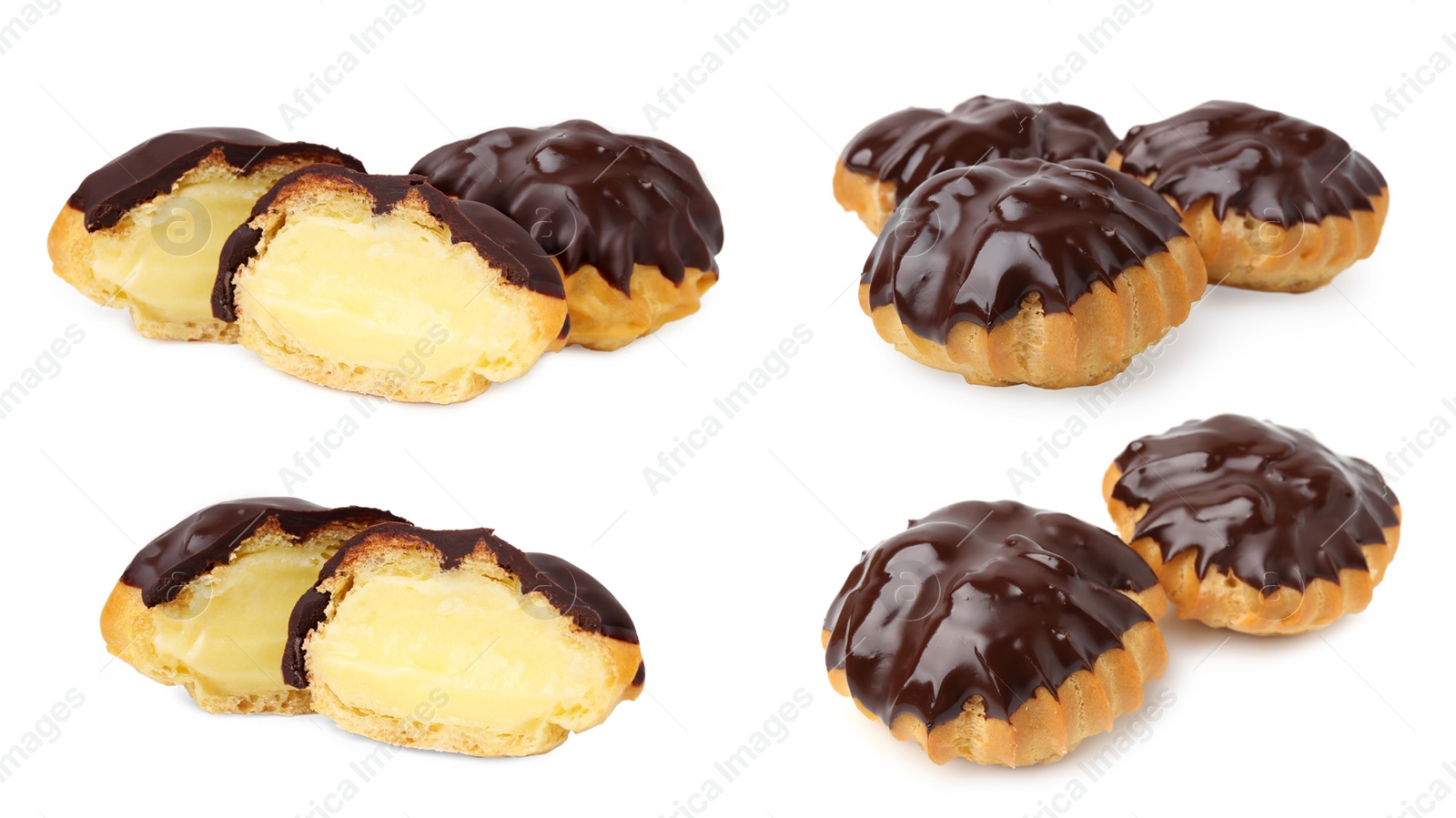 Image of Delicious profiteroles covered with chocolate on white background, collage design