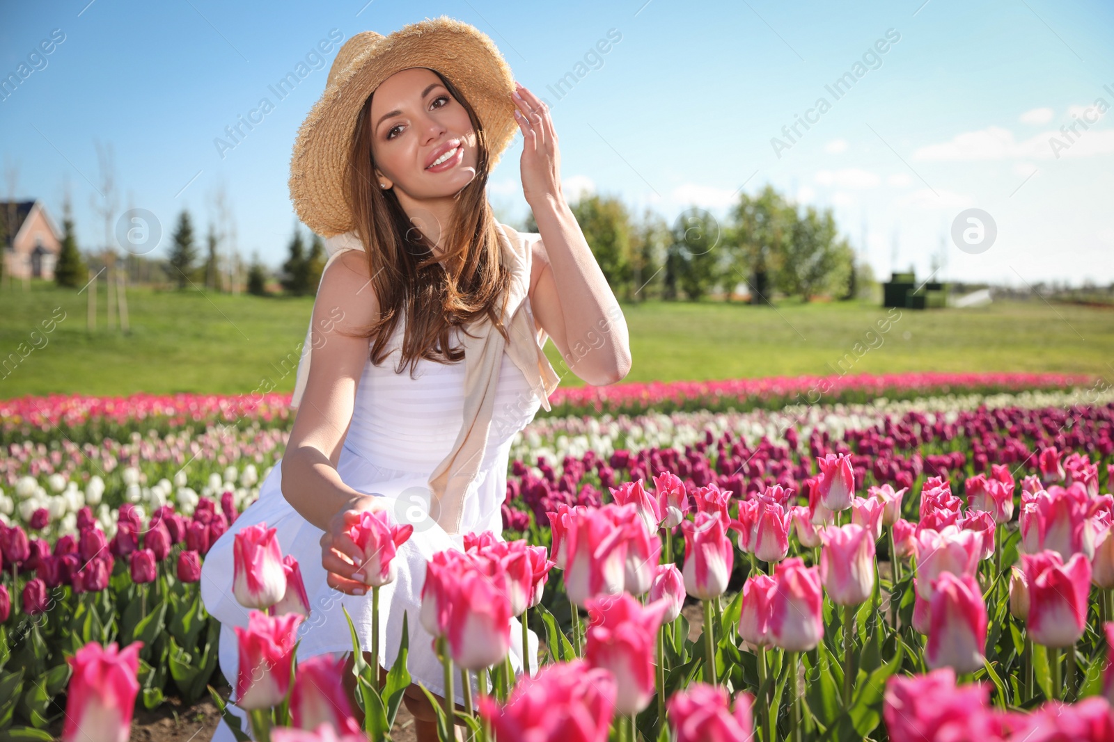 Photo of Woman in beautiful tulip field on sunny day