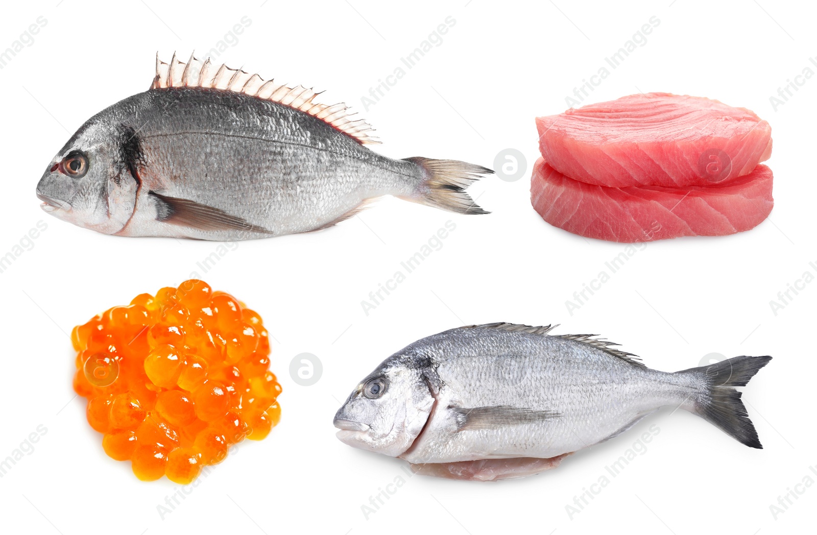 Image of Dorado fish, pieces of raw tuna and red caviar isolated on white, set