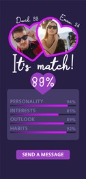 Image of Soulmate match. Dating site interface with photospossible pair and data