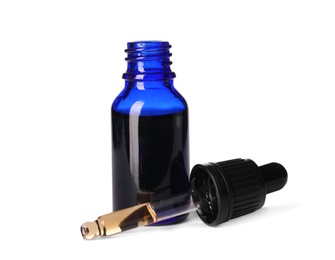 Photo of Cosmetic bottle and pipette with essential oil on white background