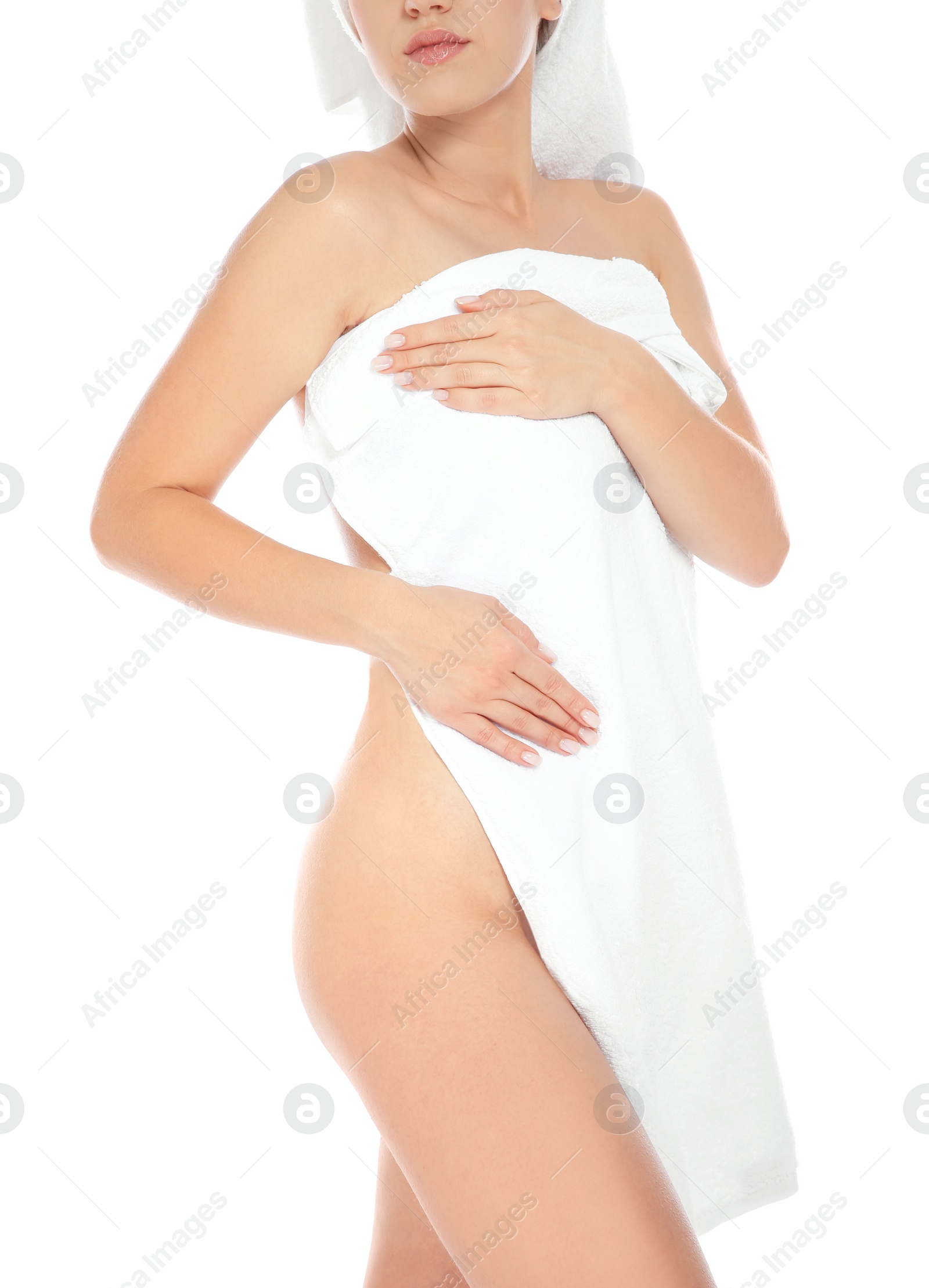 Photo of Young sensual woman with towel on white background