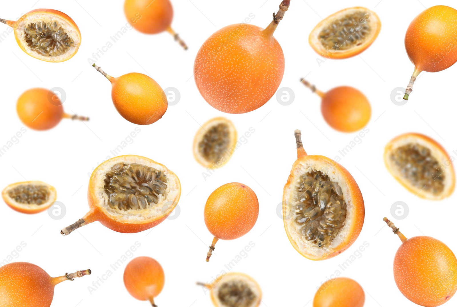 Image of Delicious ripe granadillas falling on white background 