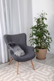 Photo of Stylish room interior with armchair and potted ficus