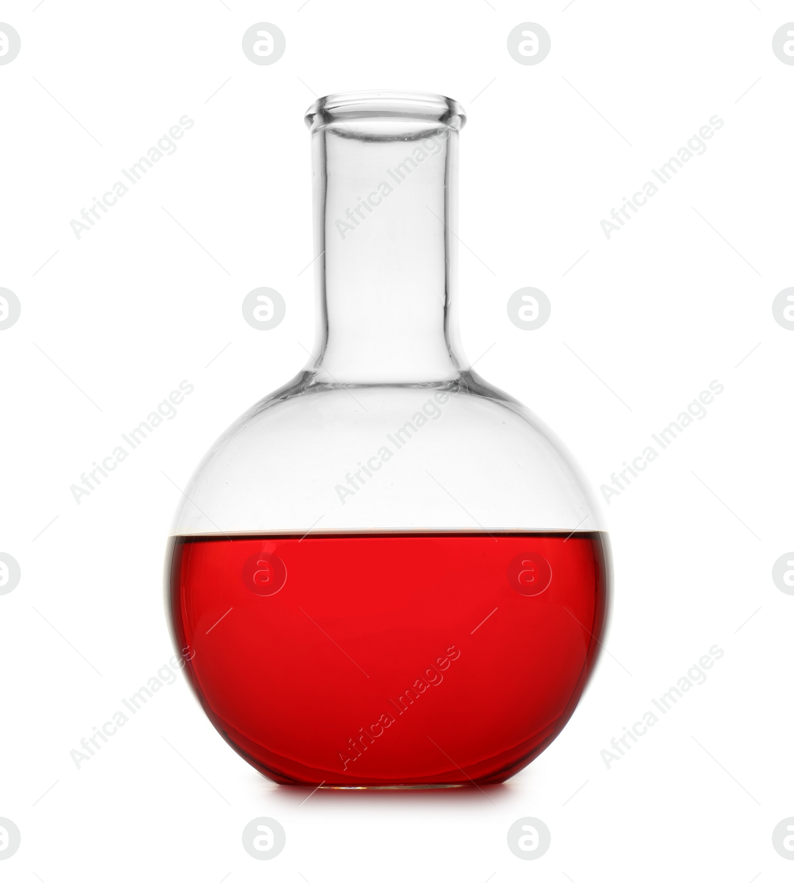 Photo of Flask with color sample isolated on white. Chemistry glassware