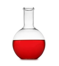 Flask with color sample isolated on white. Chemistry glassware