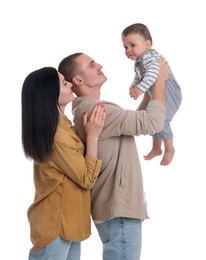 Happy parents with cute child on white background