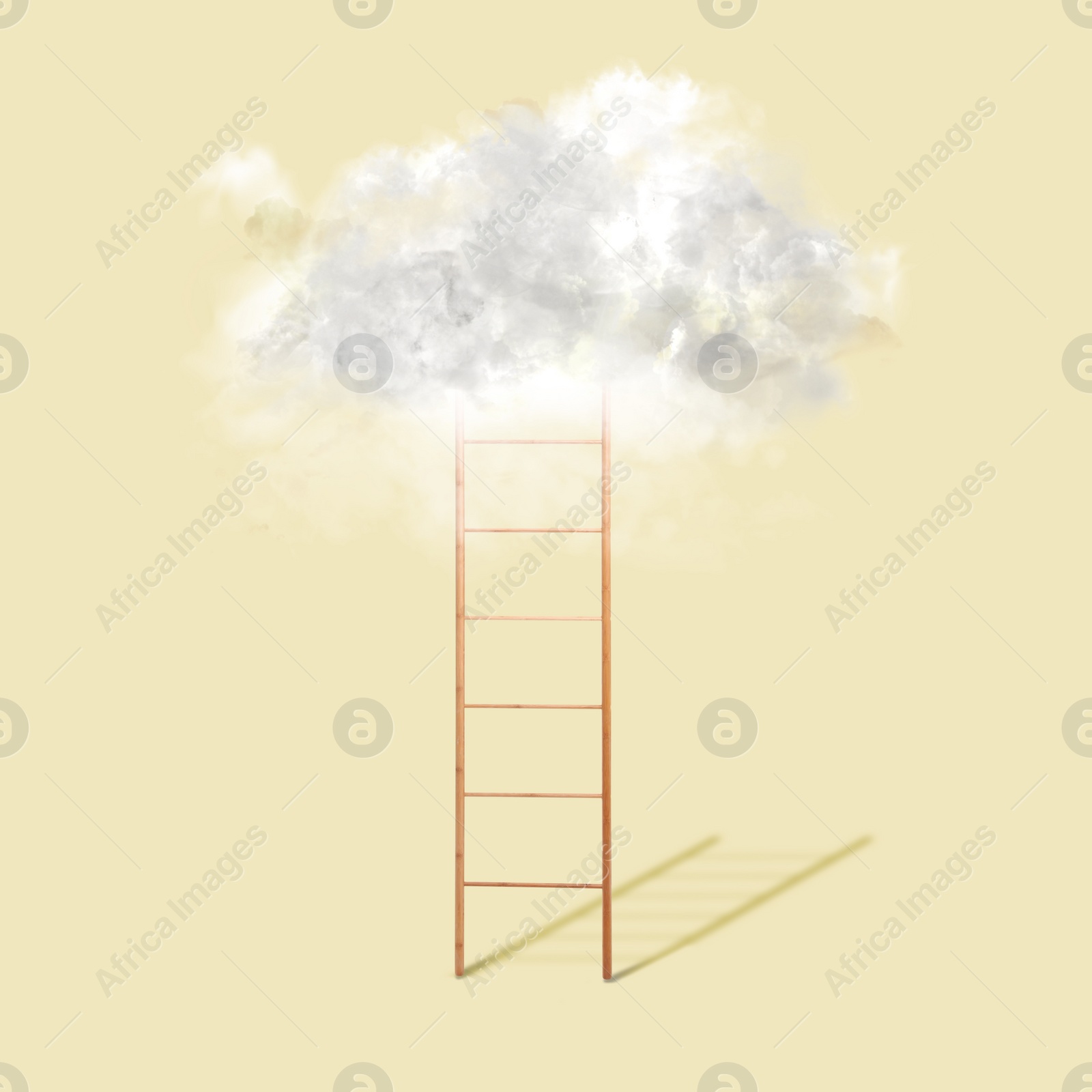 Image of Wooden ladder leading to white cloud on light background. Concept of growth and development