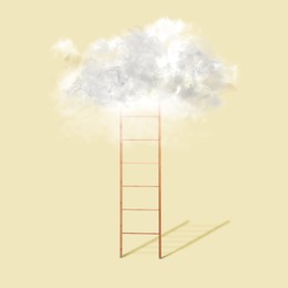 Image of Wooden ladder leading to white cloud on light background. Concept of growth and development