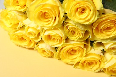 Beautiful bouquet of yellow roses on beige background, above view