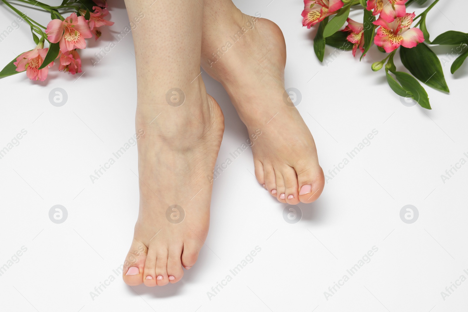 Photo of Closeup of woman with neat toenails after pedicure procedure on light background, top view