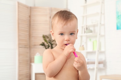 Cute little boy with toothbrush on blurred background