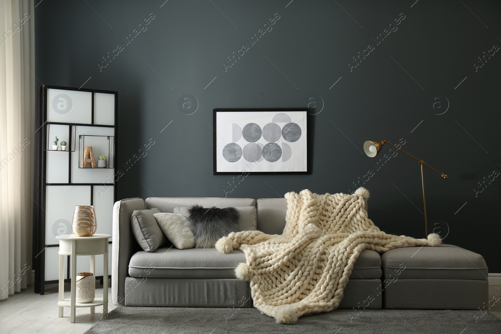 Photo of Comfortable sofa with knitted plaid in living room. Interior design