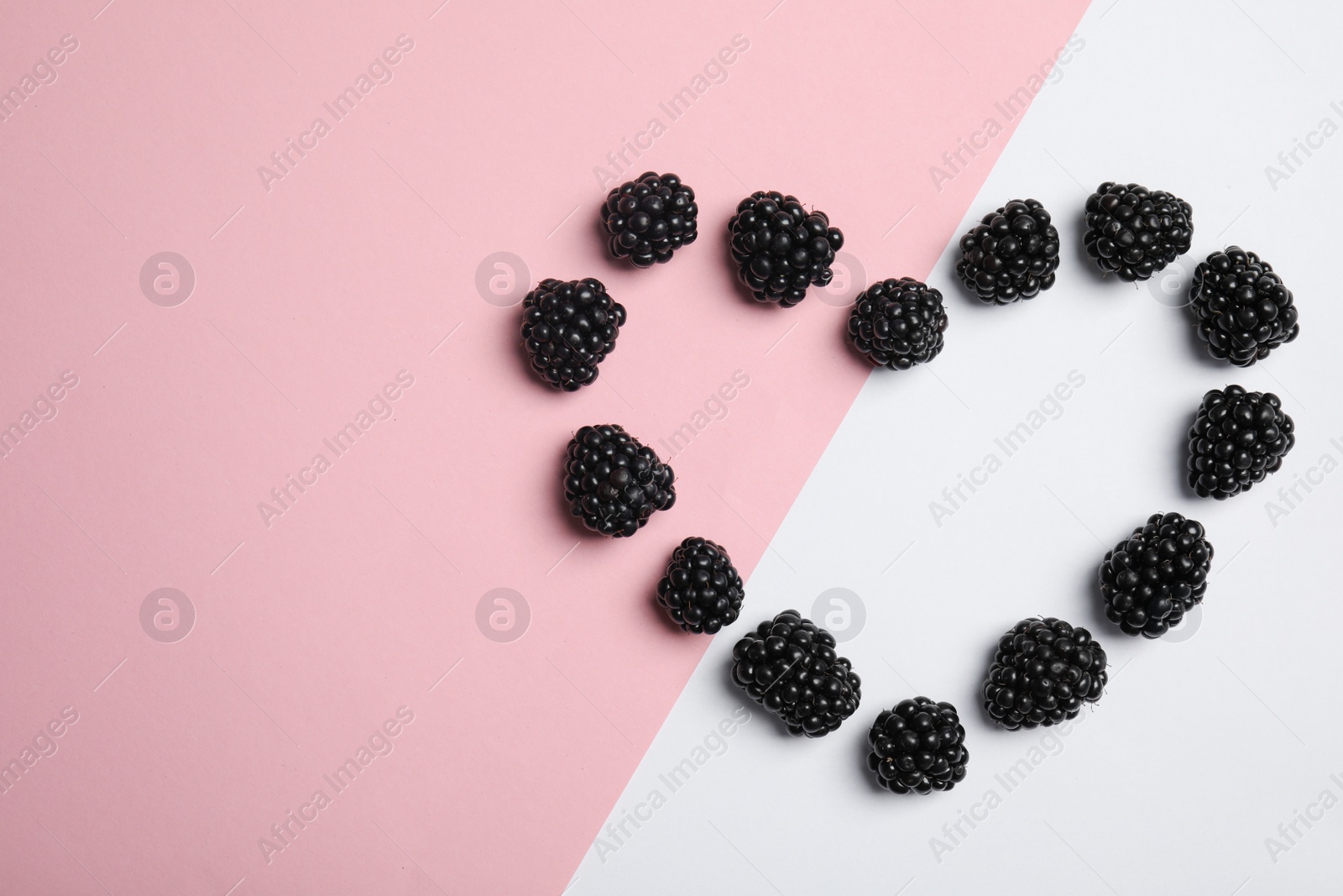 Photo of Flat lay composition with ripe blackberries on color background