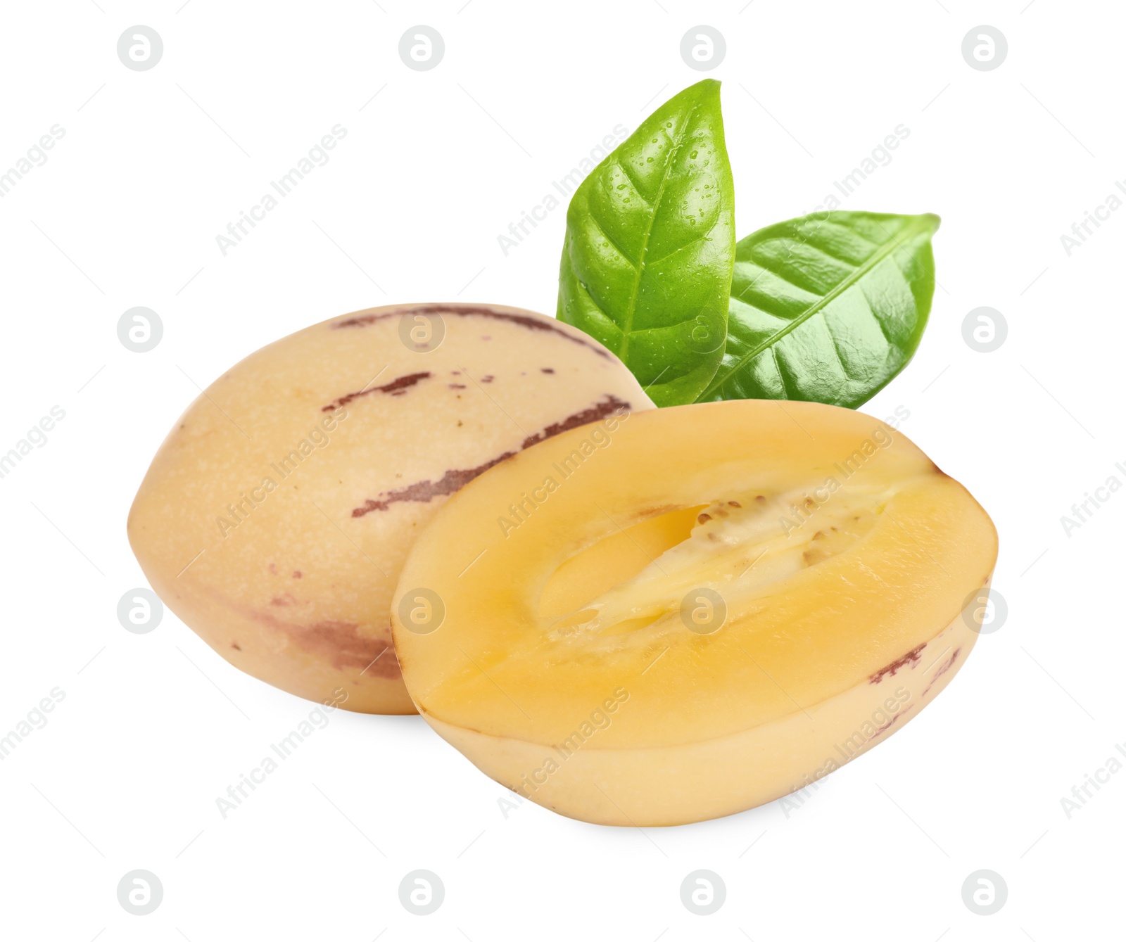 Image of Fresh ripe pepino melons and green leaves on white background