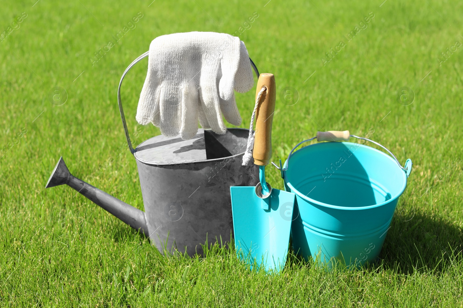 Photo of Set of gardening tools on green grass