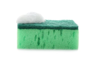 Photo of Green cleaning sponge with foam on white background