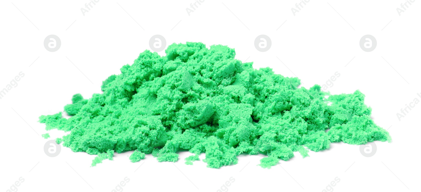 Photo of Pile of green kinetic sand on white background