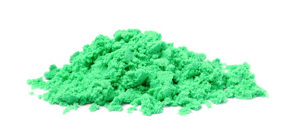 Photo of Pile of green kinetic sand on white background