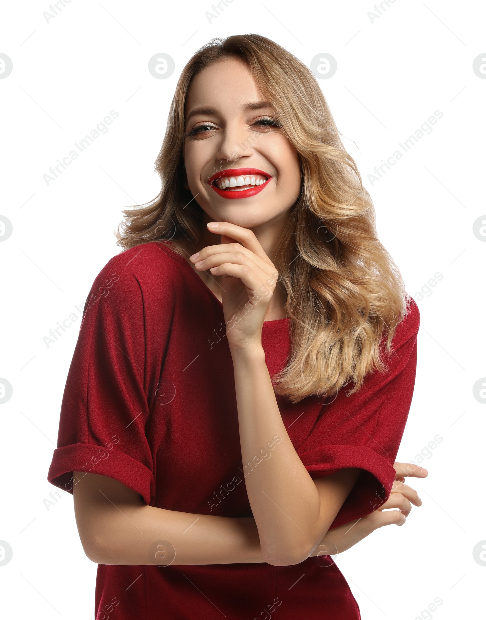 Photo of Happy young woman on white background. Christmas celebration