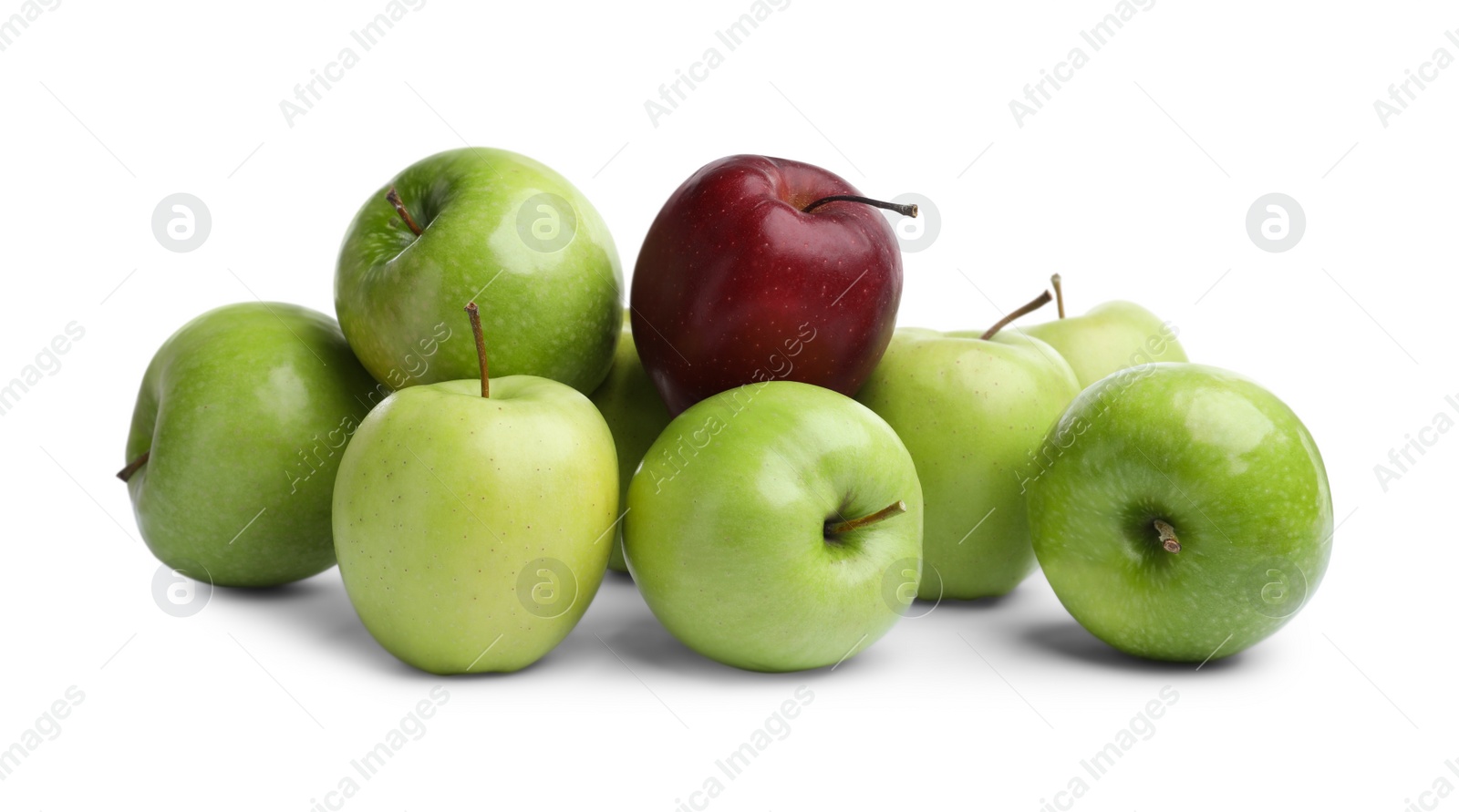 Photo of Fresh ripe green and red apples on white background