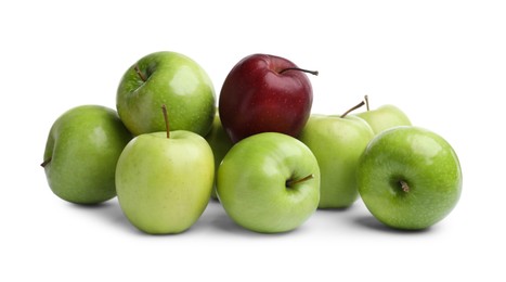 Photo of Fresh ripe green and red apples on white background