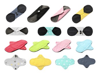 Image of Set with different cloth menstrual pads on white background 