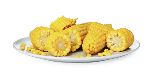 Photo of Plate with tasty cooked corn cobs on white background