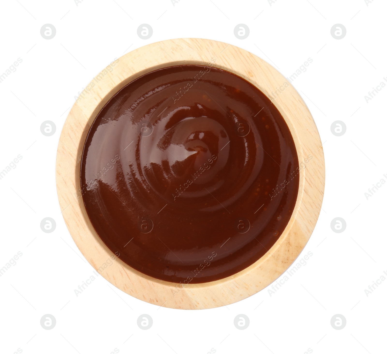 Photo of Tasty barbecue sauce in bowl isolated on white, top view