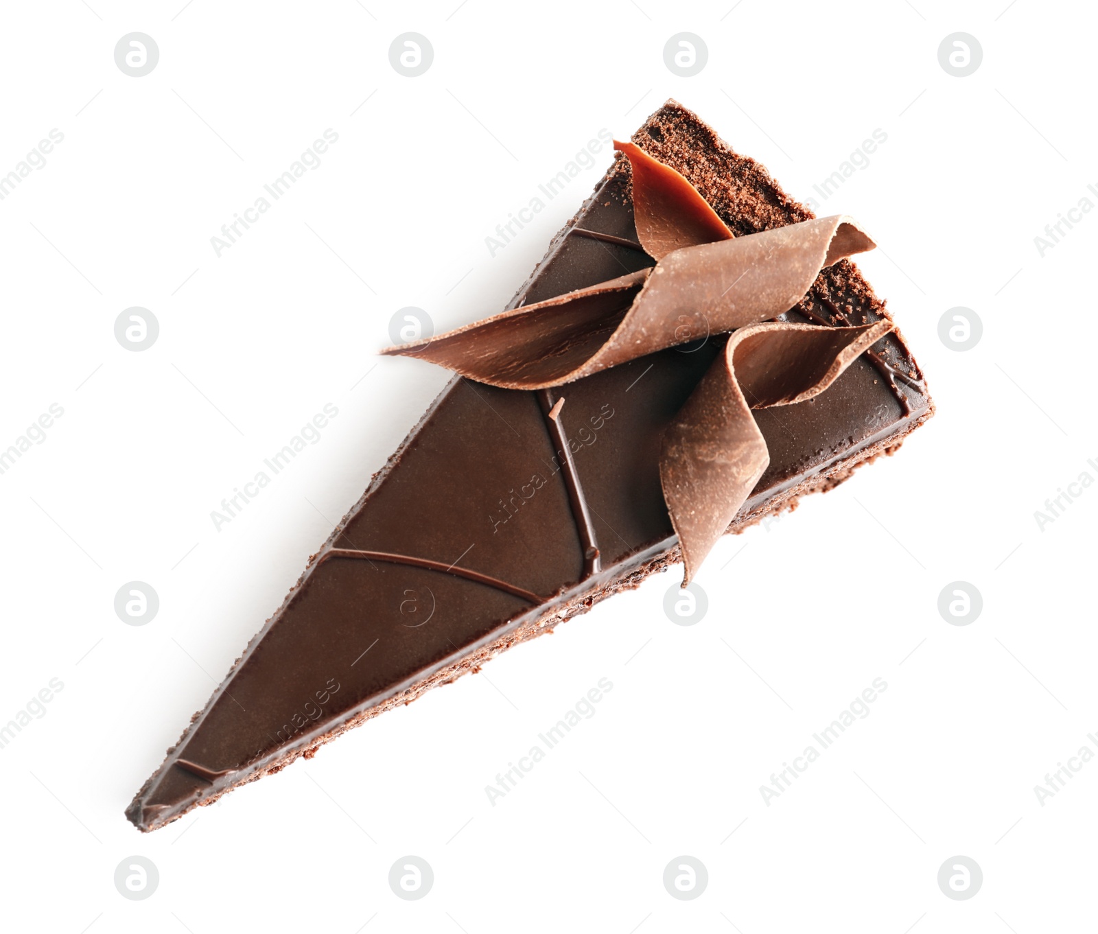 Photo of Piece of tasty homemade chocolate cake on white background, top view
