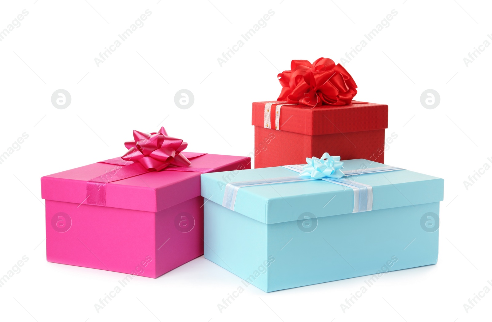 Photo of Colorful gift boxes with bows on white background