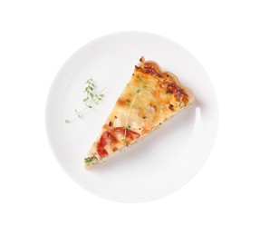 Photo of Plate with piece of tasty quiche isolated on white, top view