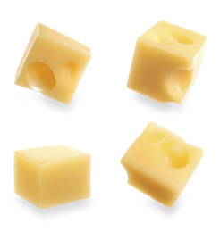 Image of Set of delicious cheese cubes on white background