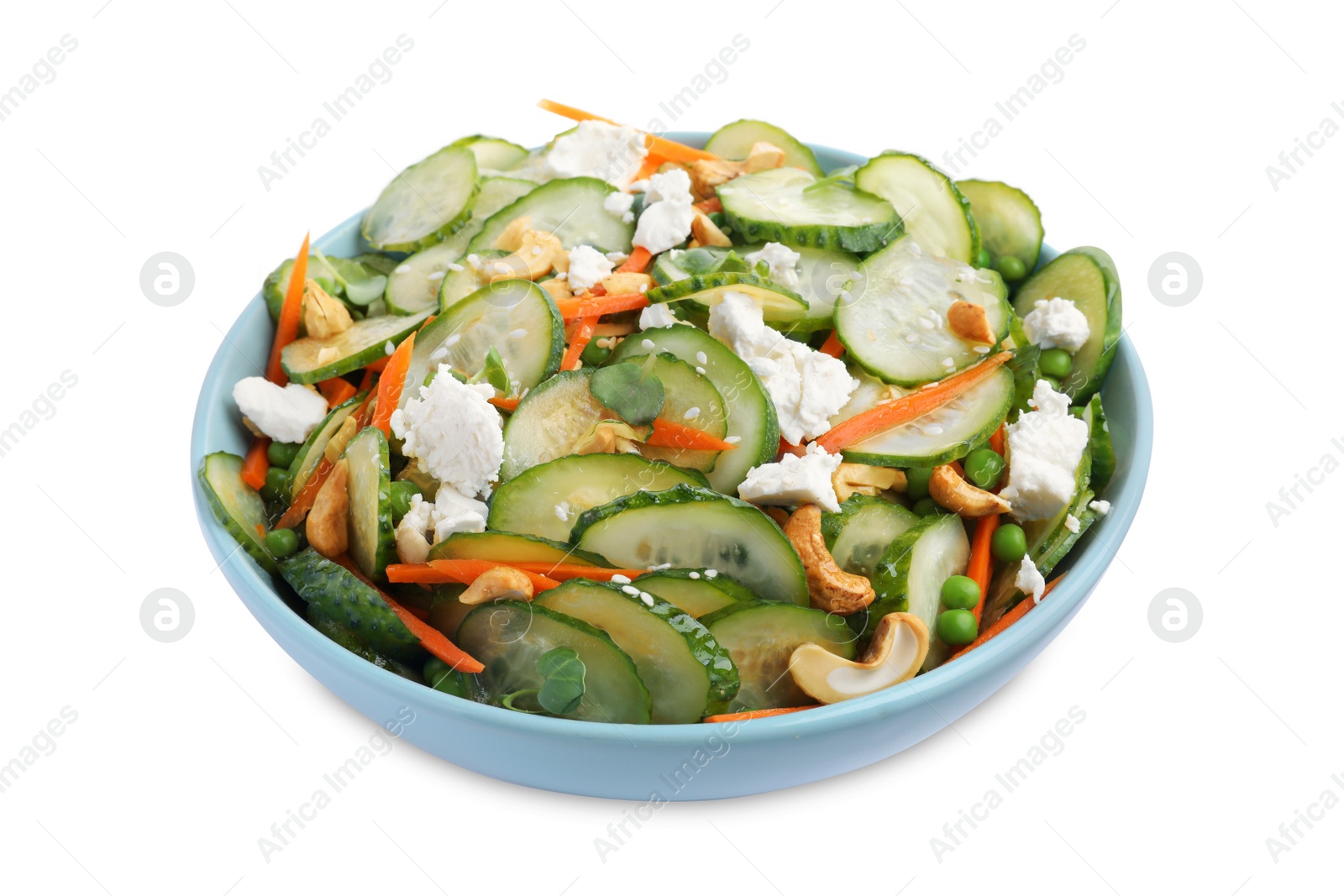 Photo of Bowl of delicious cucumber salad isolated on white