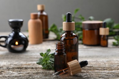 Photo of Bottles of mint essential oil and fresh leaves on wooden table