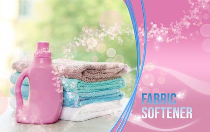 Image of Fabric softener advertising design. Bottle of conditioner and soft clean towels on table