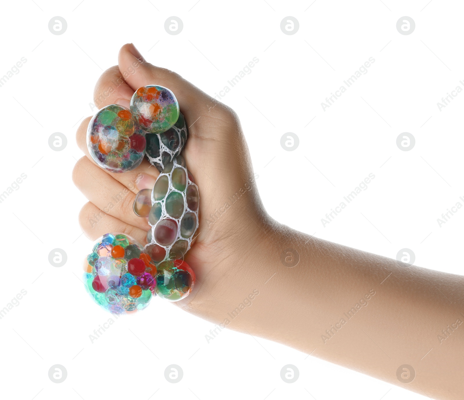 Photo of Woman squeezing colorful slime isolated on white, closeup. Antistress toy