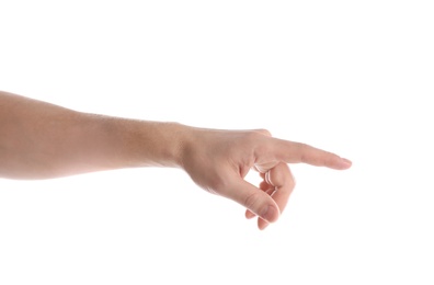 Man pointing at something on white background, closeup of hand