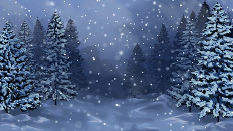 Image of Picturesque way through winter forest during snowfall at night, banner design