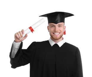 Photo of Happy student with graduation hat and diploma on white background