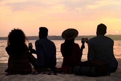 Image of Friends drinking wine at sunset, back view. Silhouettes of people on sandy beach