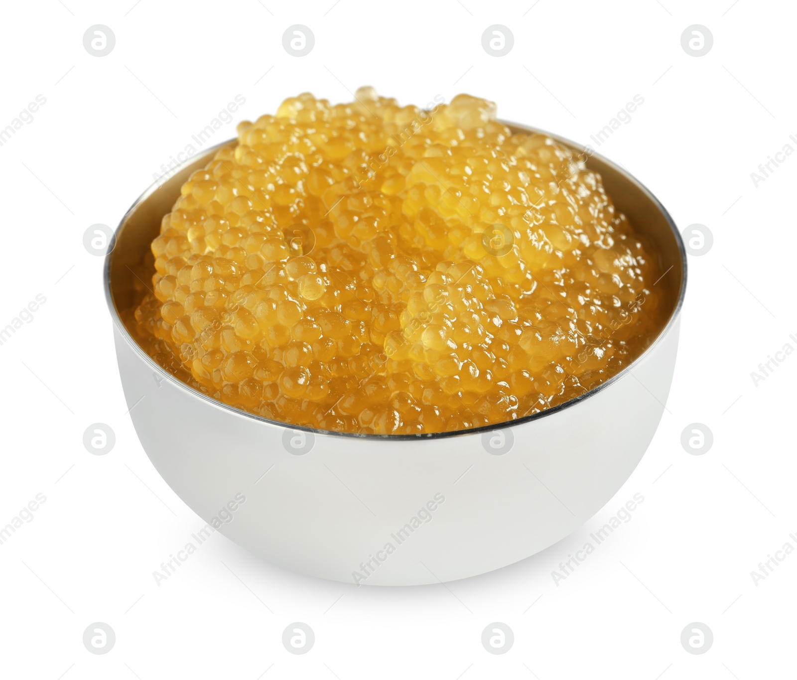 Photo of Fresh pike caviar in bowl isolated on white