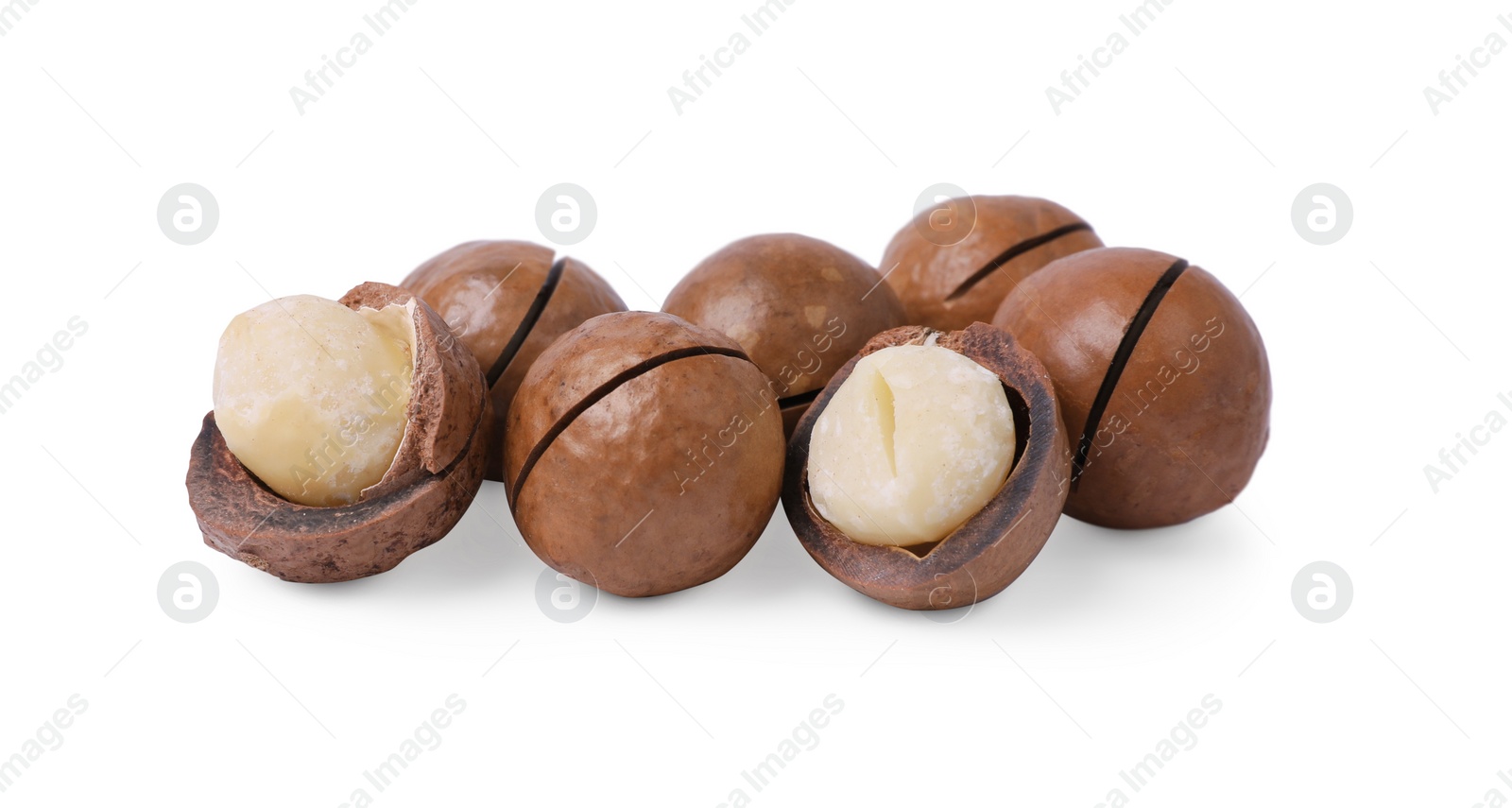 Photo of Delicious organic Macadamia nuts isolated on white