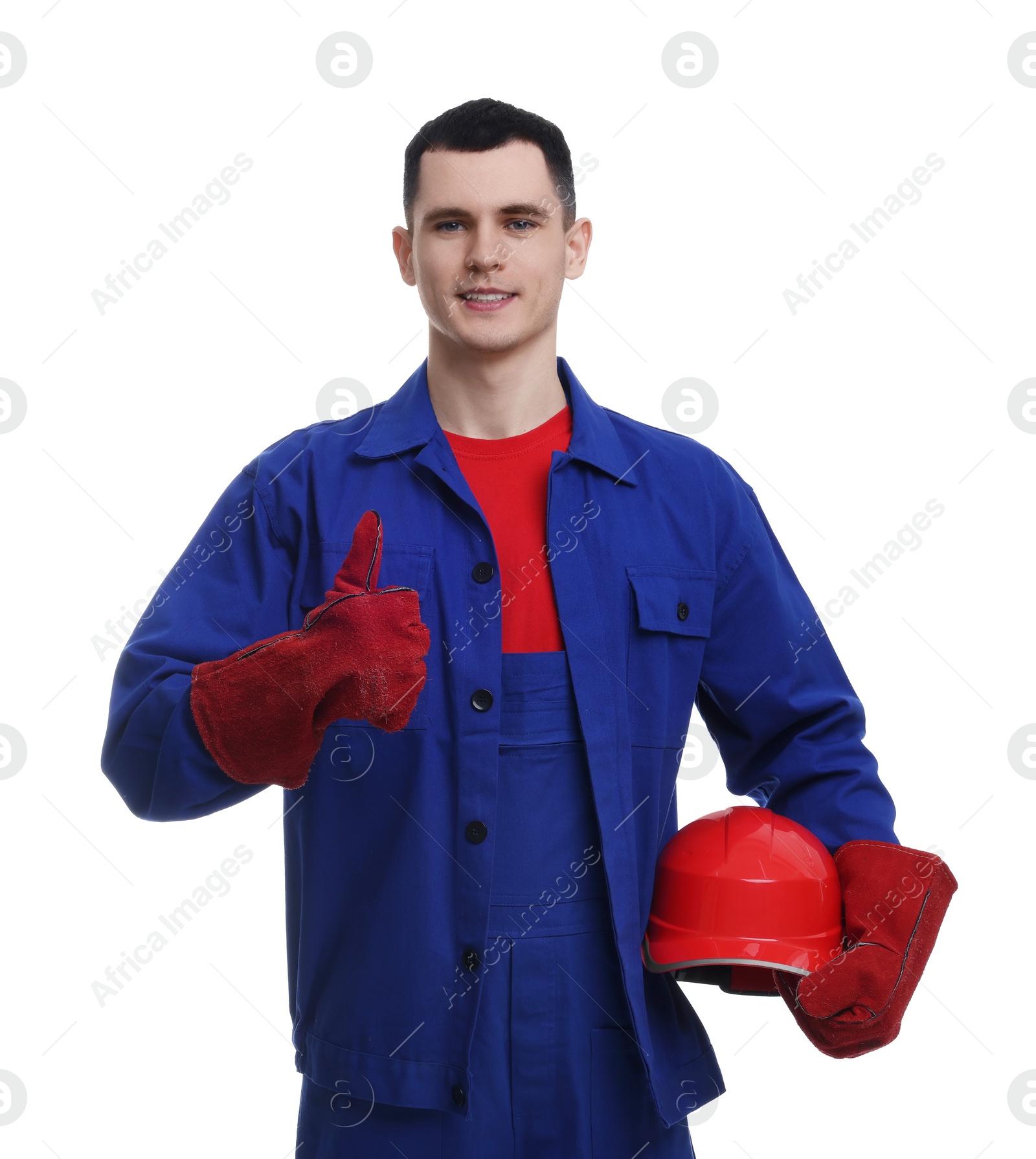 Photo of Young man wearing safety equipment on white background