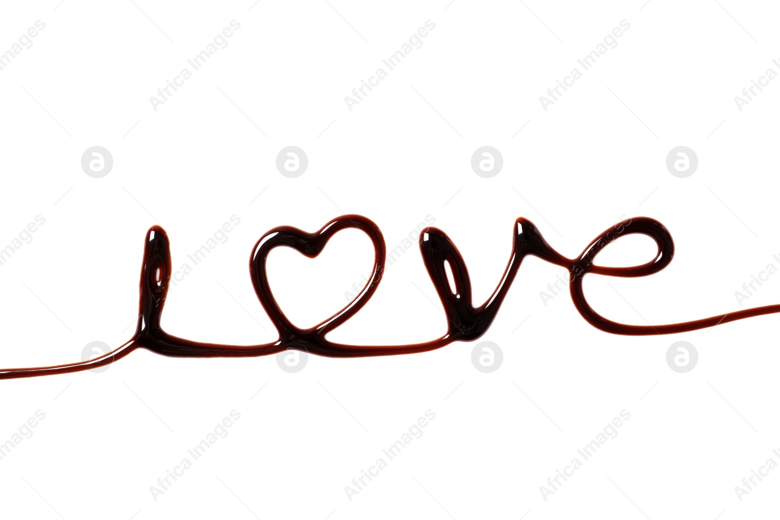Photo of Word Love with heart made of chocolate on white background, top view