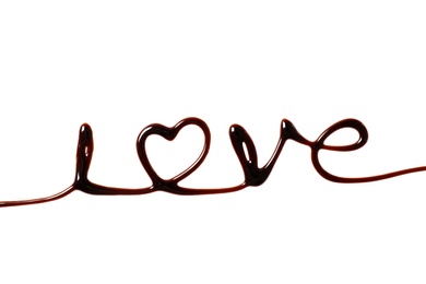 Word Love with heart made of chocolate on white background, top view